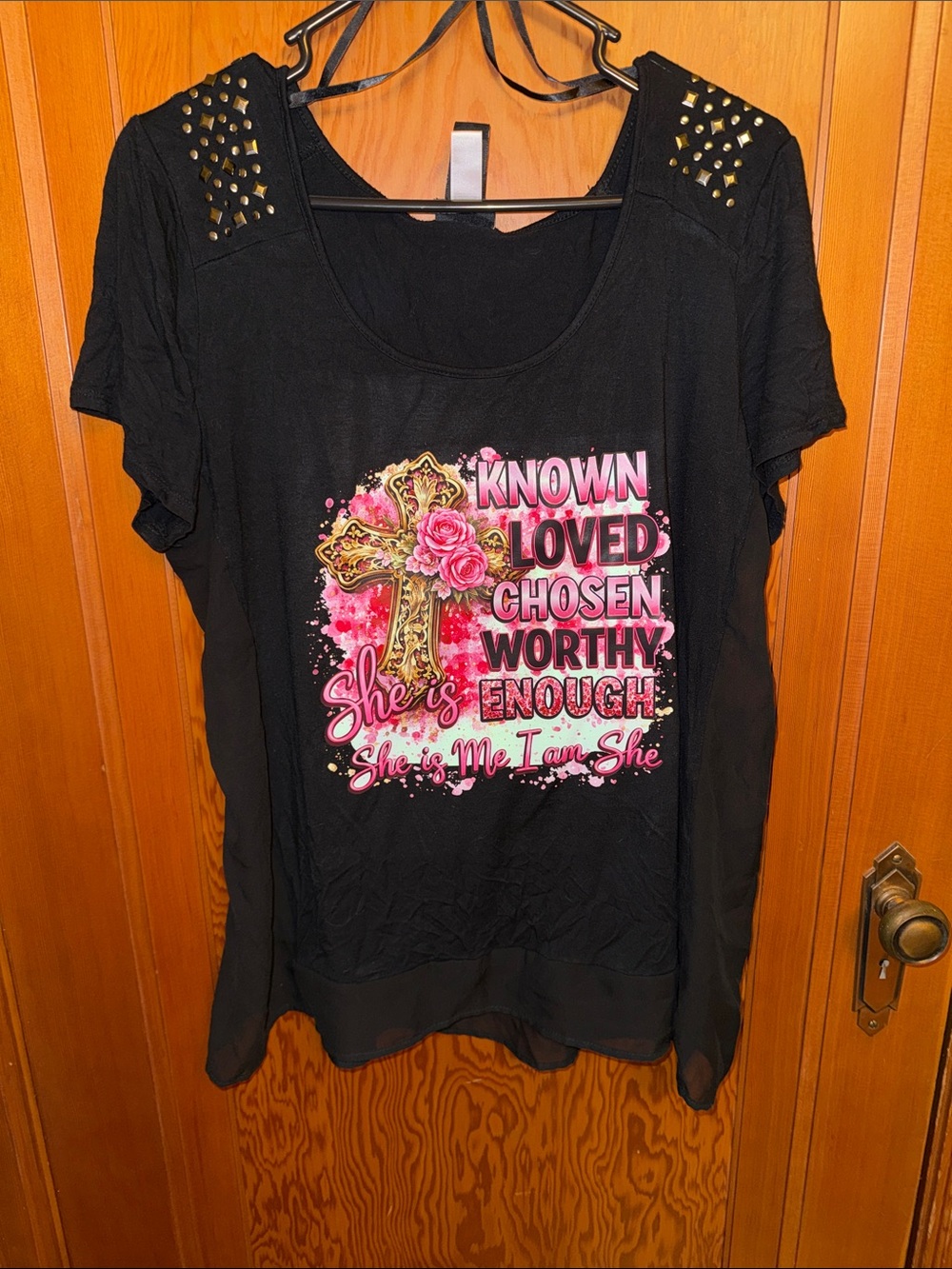 torrid Black Tee with Pink Graphic Cross and Studded Shoulders